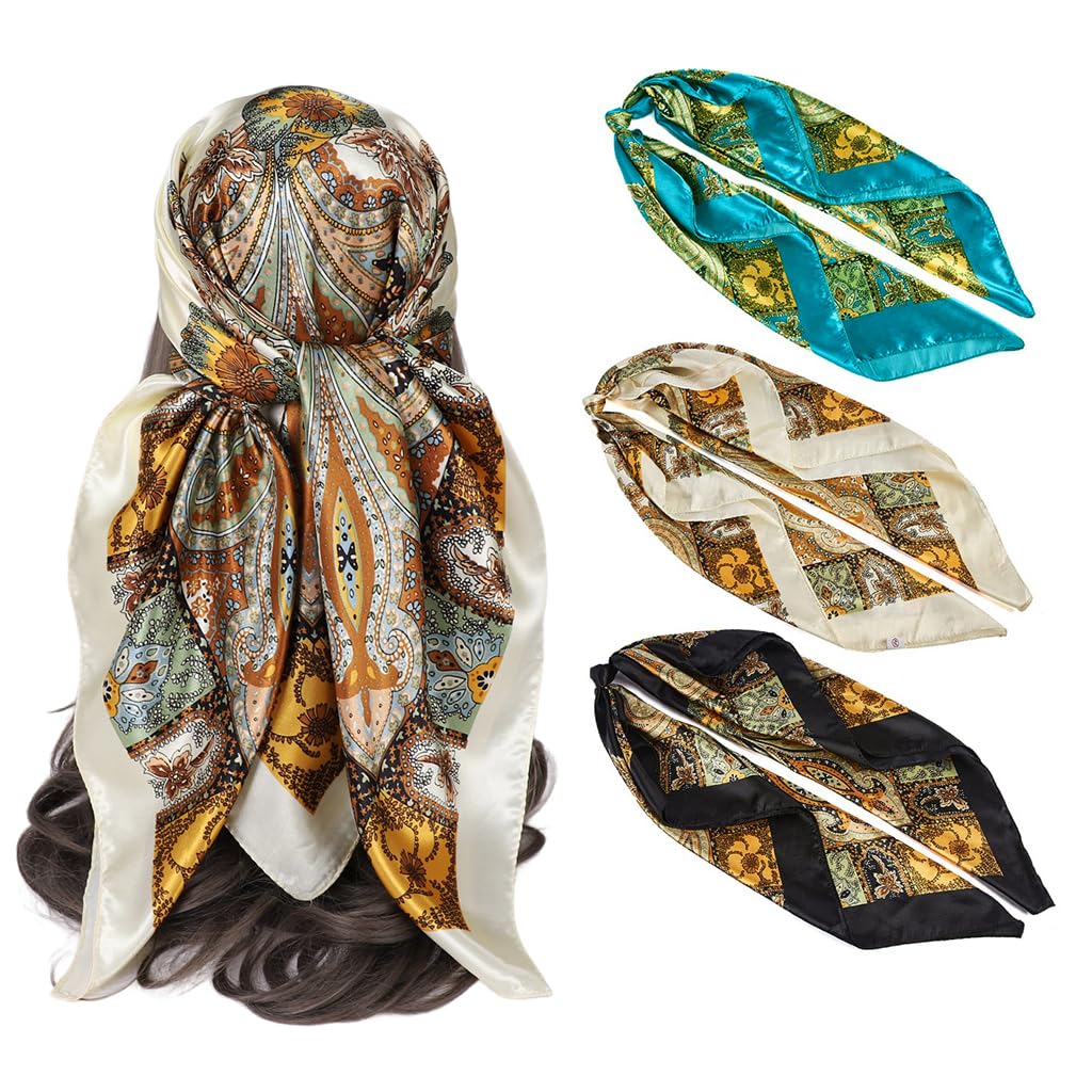PALAY 3Pcs Silk Feel Satin Head Scarf for Women Stylish 35 Inch Square Wrap