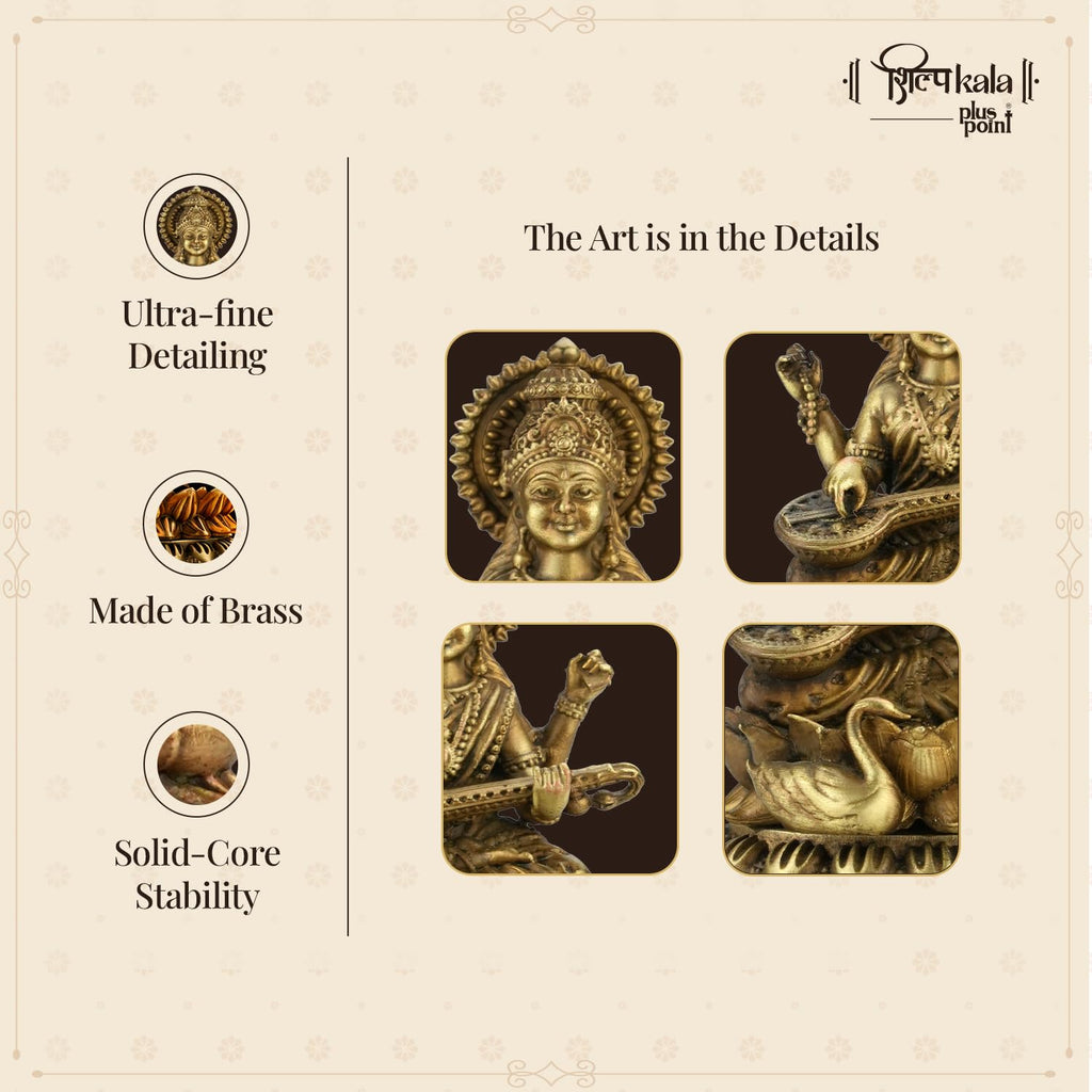 Shilpkala 2.3 Inch Brass Ultra Fine Saraswati Brass Idol with Veena Statue (Murti) for Study Table, Home & Office Decor, Worship & Gift