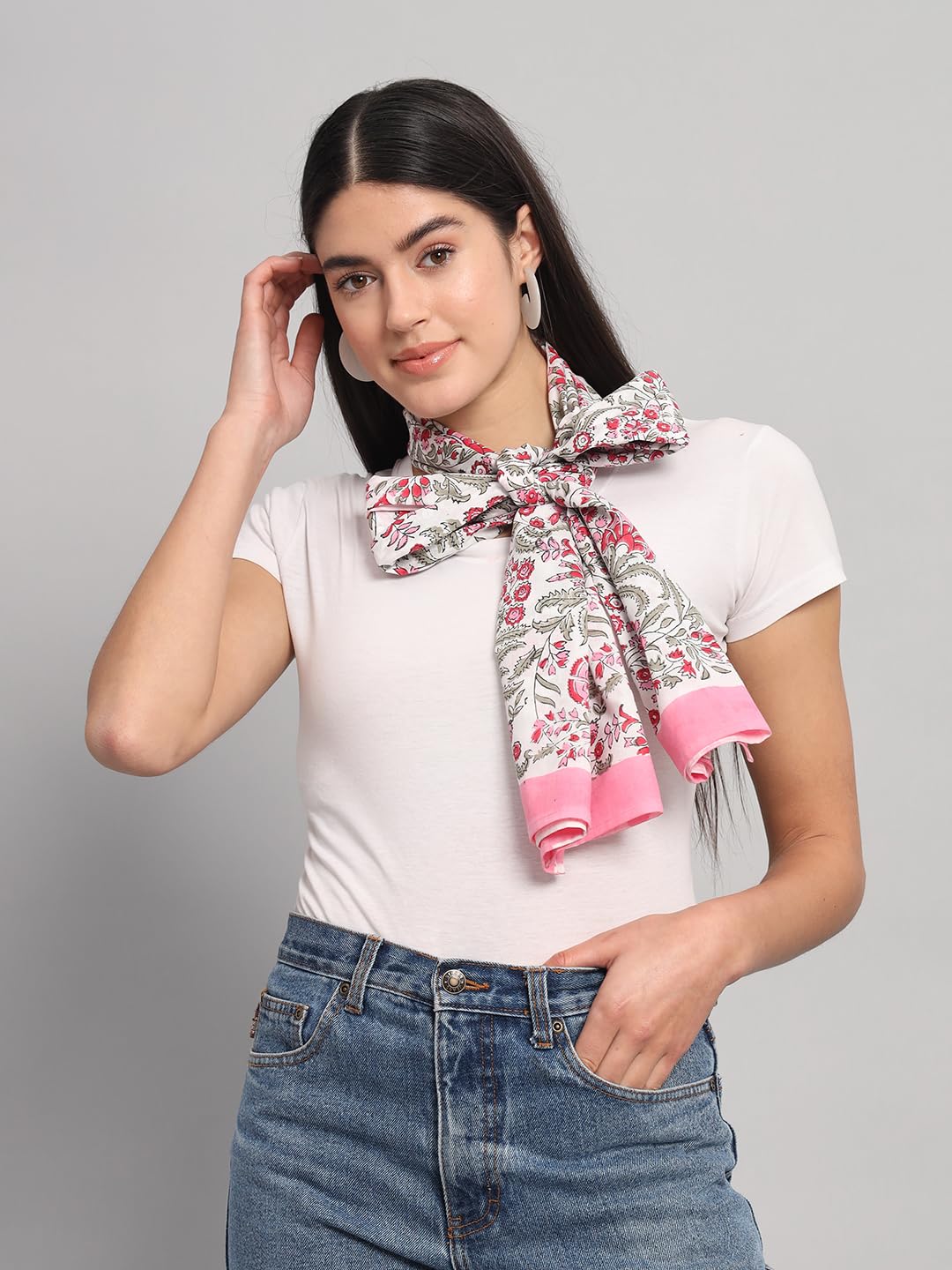 Ravaiyaa - Attitude is everything Female Cotton Women Off White & Pink Hand Block Floral Printed Scarf 71 X 21 Inch