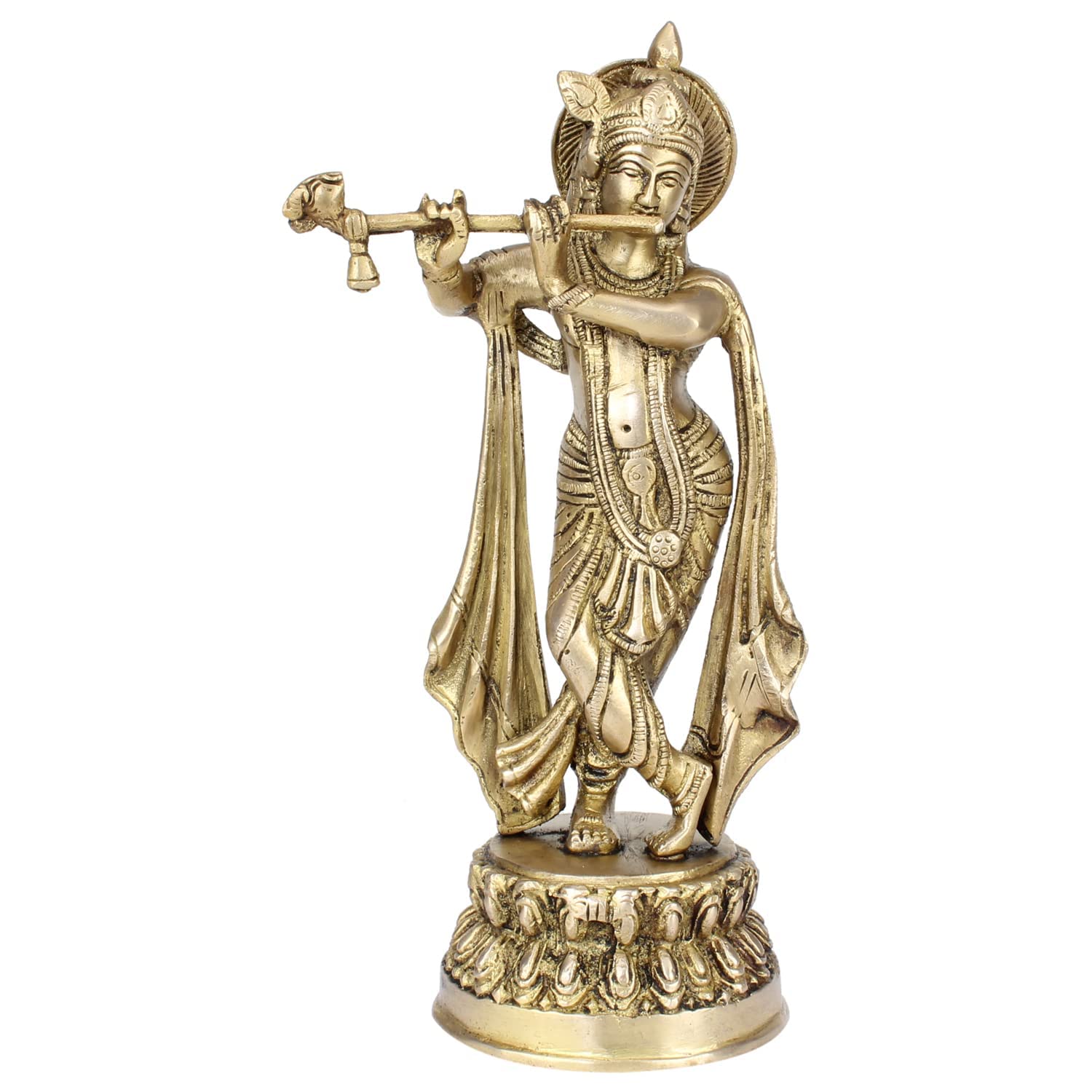 SVARUP Brass Metal Lord Krishna Idol God of Love Playing Flute for Temple Puja Home Decor Gift 10 Inch