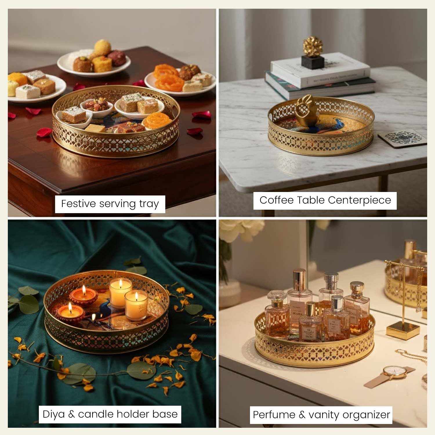 Go Hooked Gold Metal Decorative Tray Set of 2 | Round Peacock Artwork Accent Trays for Home Décor, Coffee Table Decoration, Romantic Valentine Gift & Premium Interior Styling (8/10 Inch)