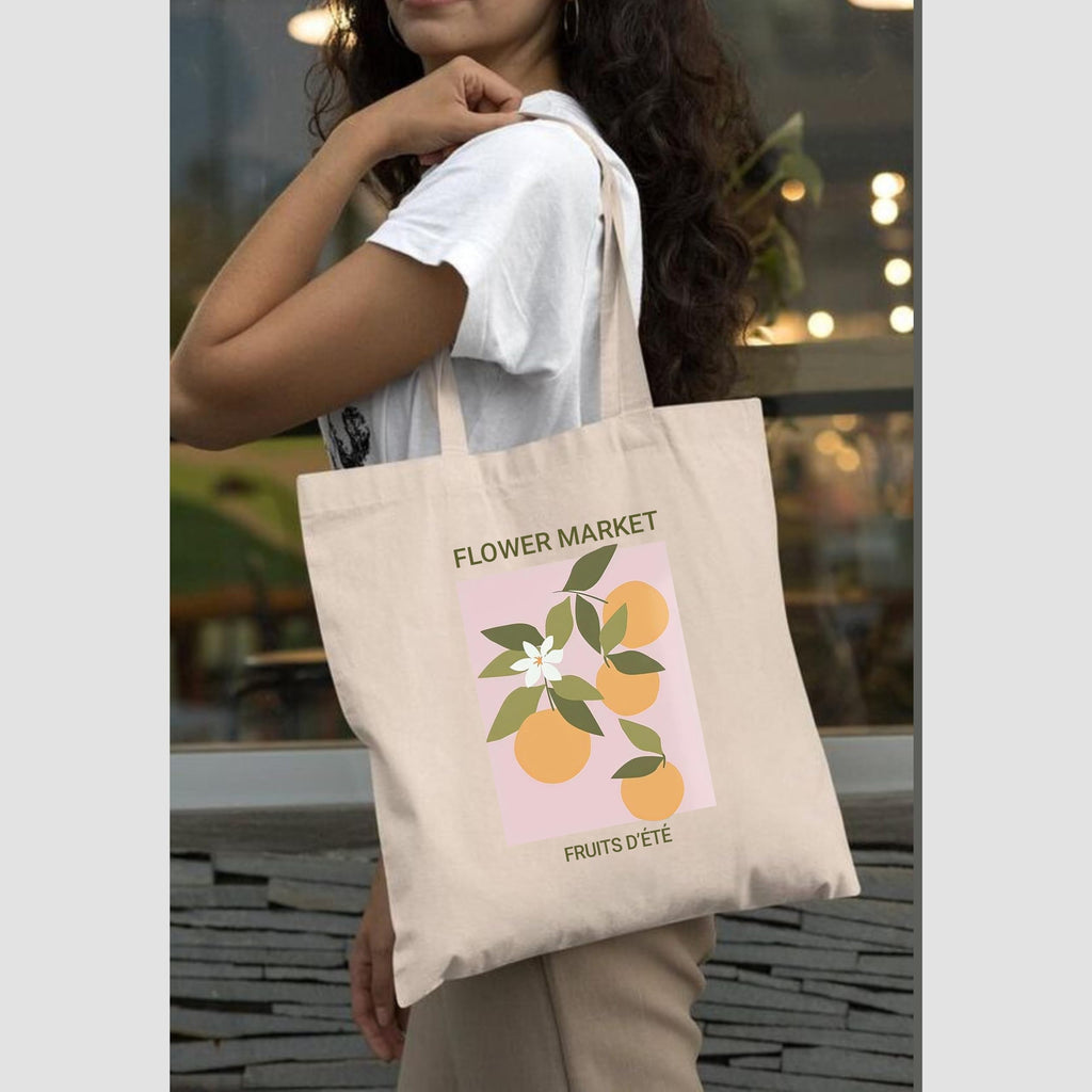 Peach Blossom Printed Cotton Zipper Tote Bags | CBAG - WHT-FLWR MARKET