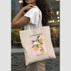 Peach Blossom Printed Cotton Zipper Tote Bags | CBAG - WHT-FLWR MARKET