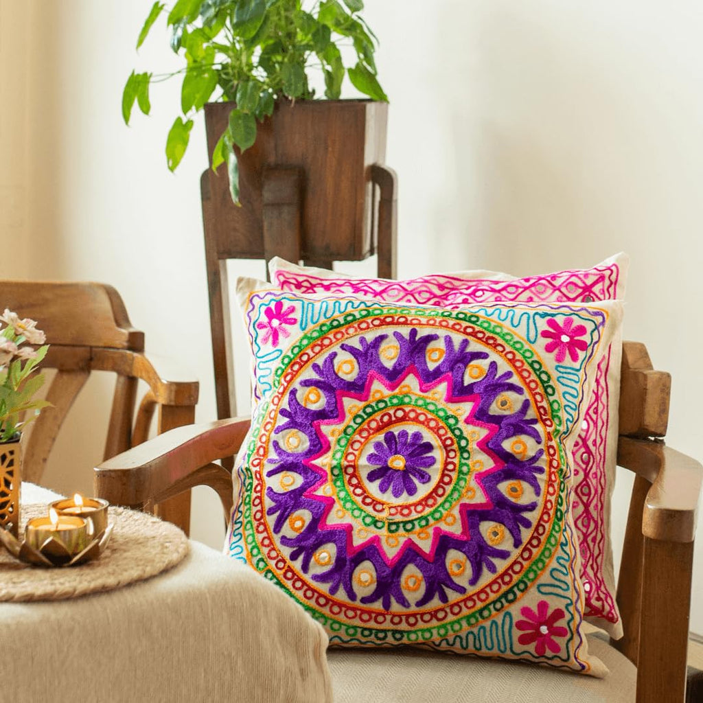 ATRANGI STUDIO Embroidered Cushion Covers - Set of 2 | Traditional Aari Embroidery | Threadwork Throw Pillow Covers with Zip Closure | Perfect for Sofa, Bed, Chair | 16x16 Inch, Multicolor