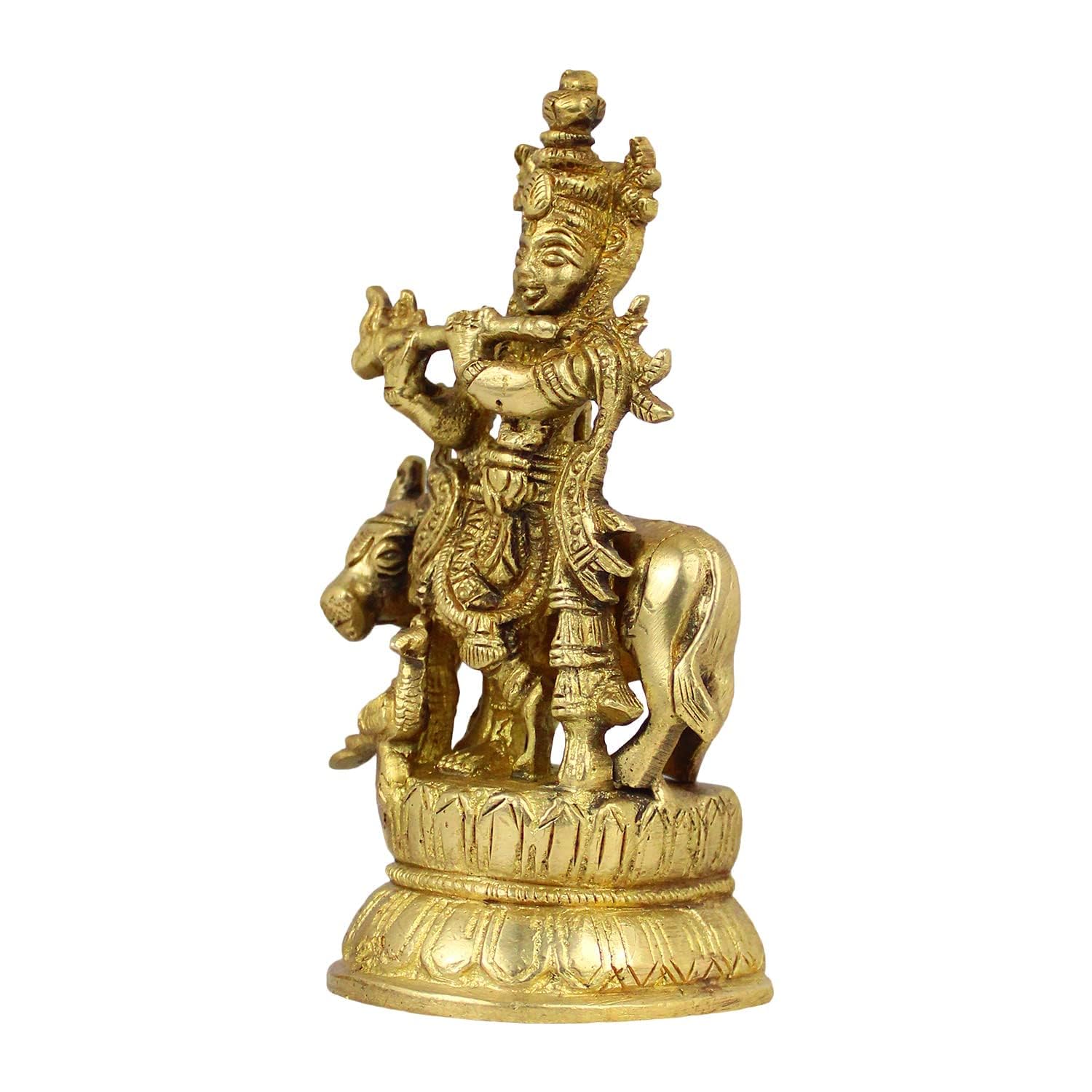 SVARUP Brass Krishna Bhagwan Idol with Gau MATA in Gold Color Height 4.5 Inch