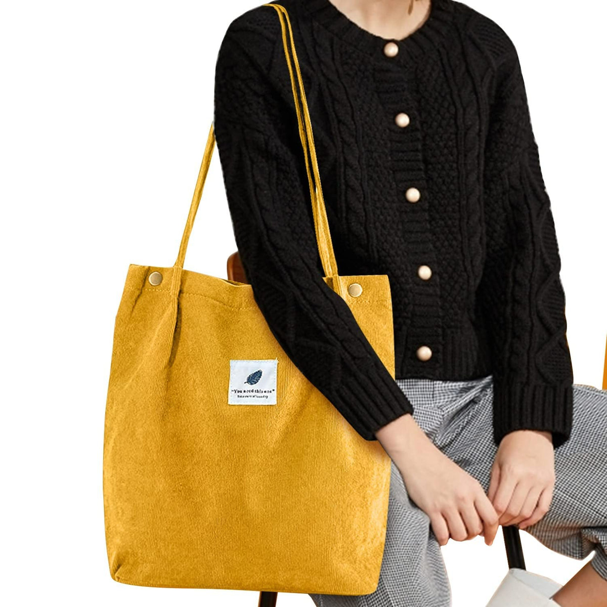 Street27 Korean Canvas Corduroy Tote Bag Casual Work Shoulder Handbags, Multi-Purpose Bag, Sturdy Canvas Bag With Large Capacity, Shopping Bag For Office, College & Daily Use (Yellow, Womens)
