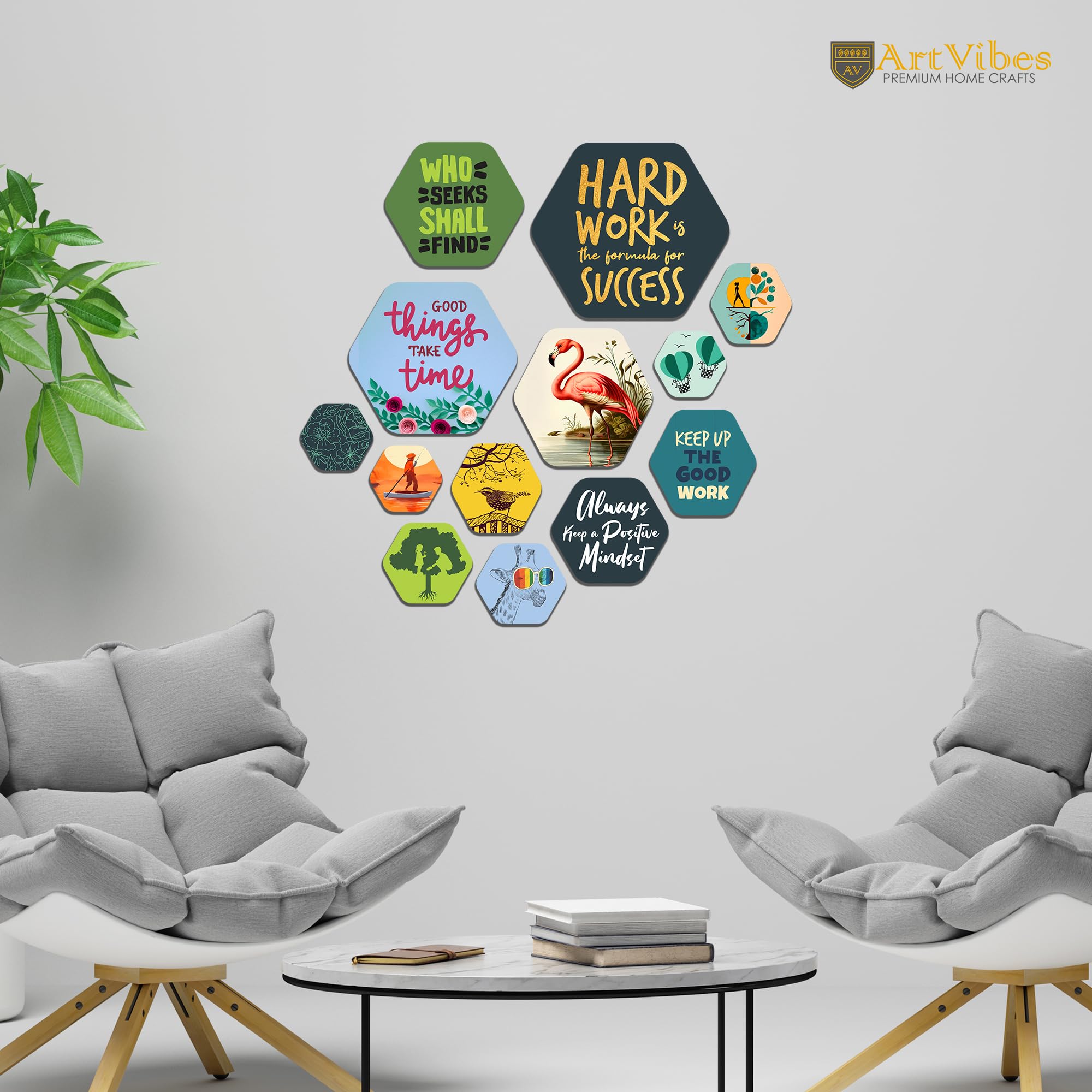 Artvibes Work Hard Hexagon Shape MDF Wooden Wall Decor Items | Quotes Decor Item | Motivational Wall Decor | Wall Poster | Graphic Art | Gift Items | Office Wall Decoration Items (WPS_211N), Set of 13