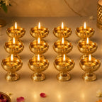 Brass Diya Pure Brass Traditional Oil Puja Lamp for Temple, Mandir, Festival Decoration, Home Decor & Diwali Gift (Flower Bloom, Set of 12)