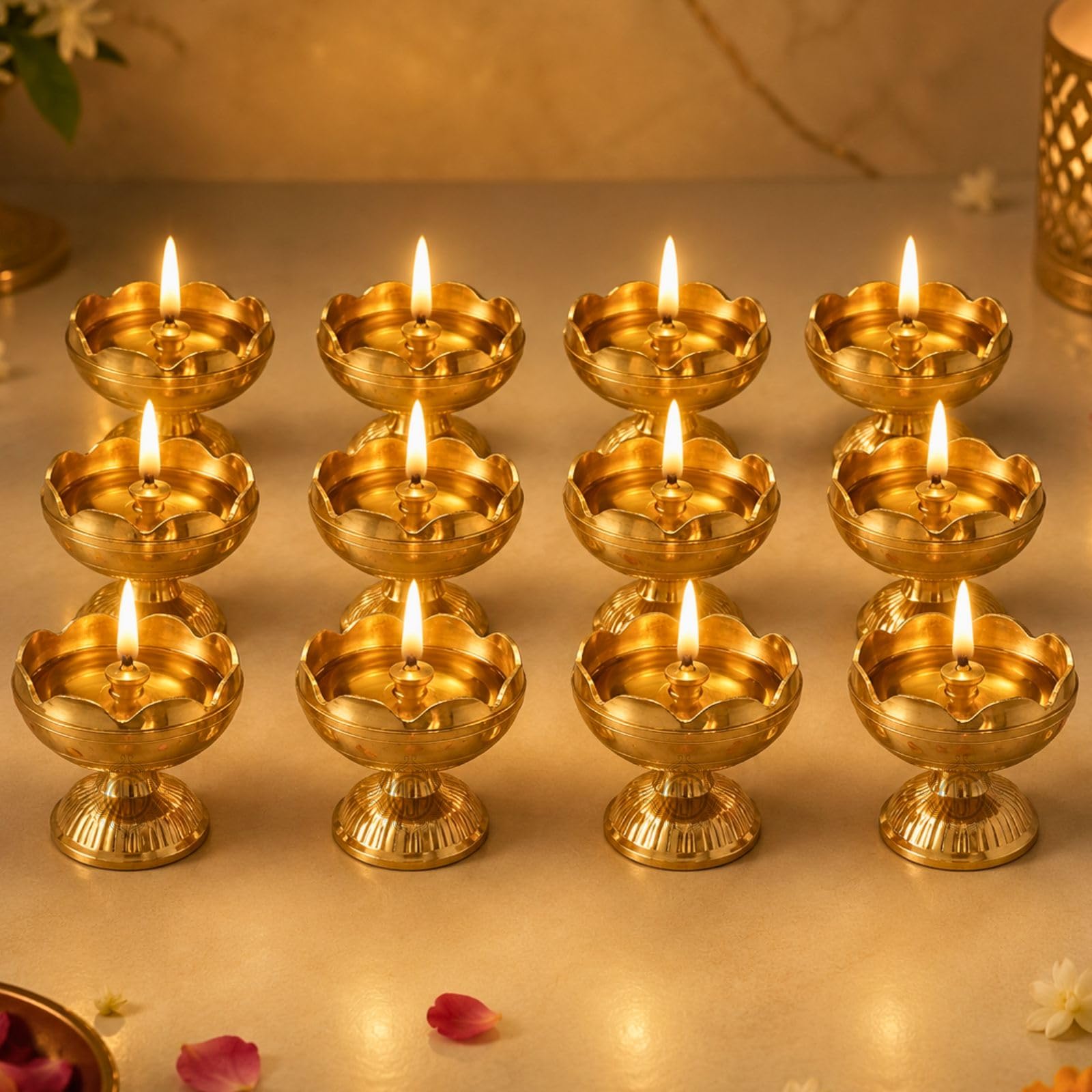 Brass Diya Pure Brass Traditional Oil Puja Lamp for Temple, Mandir, Festival Decoration, Home Decor & Diwali Gift (Flower Bloom, Set of 12)