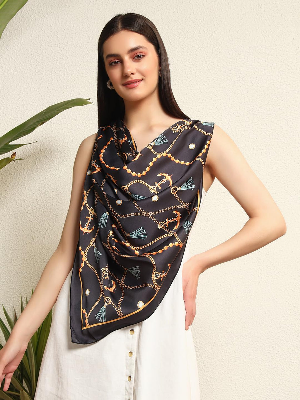 Ravaiyaa - Attitude is everything Women's Crepe Silk Digital Print Large Square Scarf Breathable Lightweight Neckerchief Printed Headscarf 40 x 40 Inch (Black Anchor)