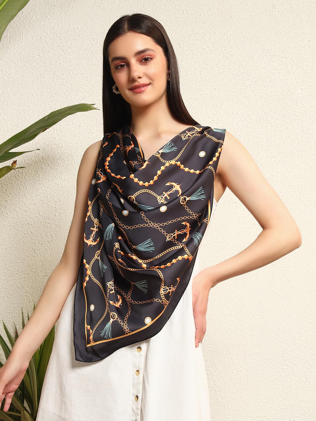 Ravaiyaa - Attitude is everything Women's Crepe Silk Digital Print Large Square Scarf Breathable Lightweight Neckerchief Printed Headscarf 40 x 40 Inch (Black Anchor)