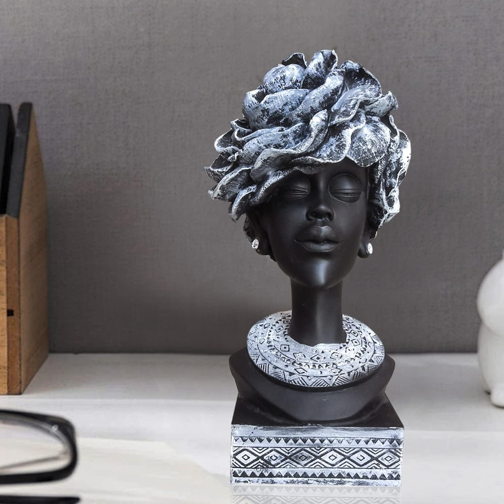 Xtore Home Decor Resin African Lady with White Earrings Showpiece (Black, Pack of 1)