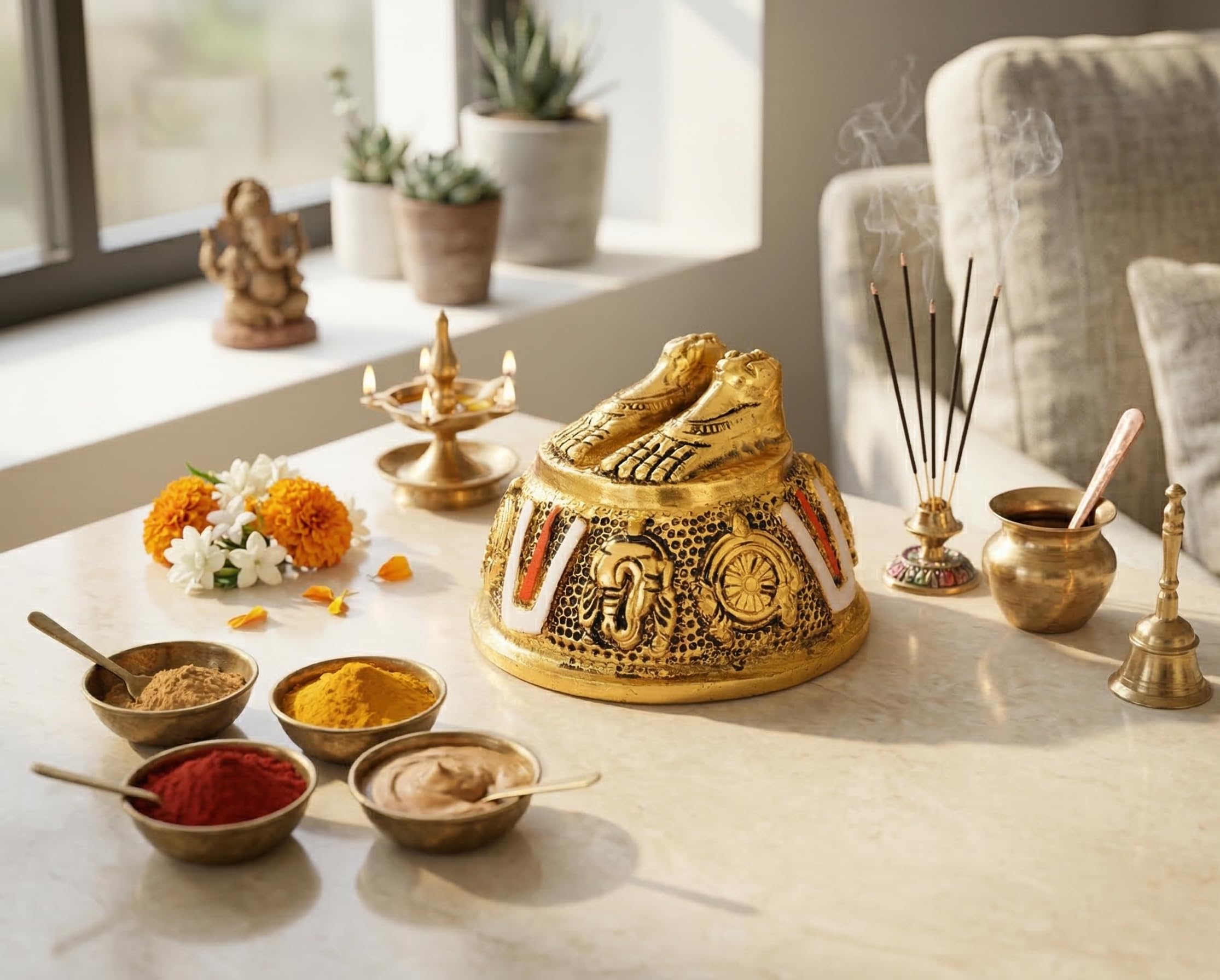 Lord Venkateswara Swami Tirupati Balaji Vishnu Charan Paduka with shank chakar tilak Namah for Pooja Room/Car Dashboard | Venkateswara Swamy Feet with Shanku & Chakra Namami Showpiece Figurines