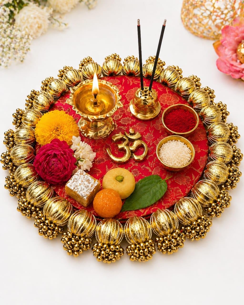 VRB Dec 1 Pcs Handmade Jhumki Platter with Gota Patii for Pooja Decor,Wedding Decoration,Festive Home Décor,Haldi Mehendi Setup,Wedding Gifting Item,Decorative Plates. (6 Inch (15 cm) Jhumki Platter)