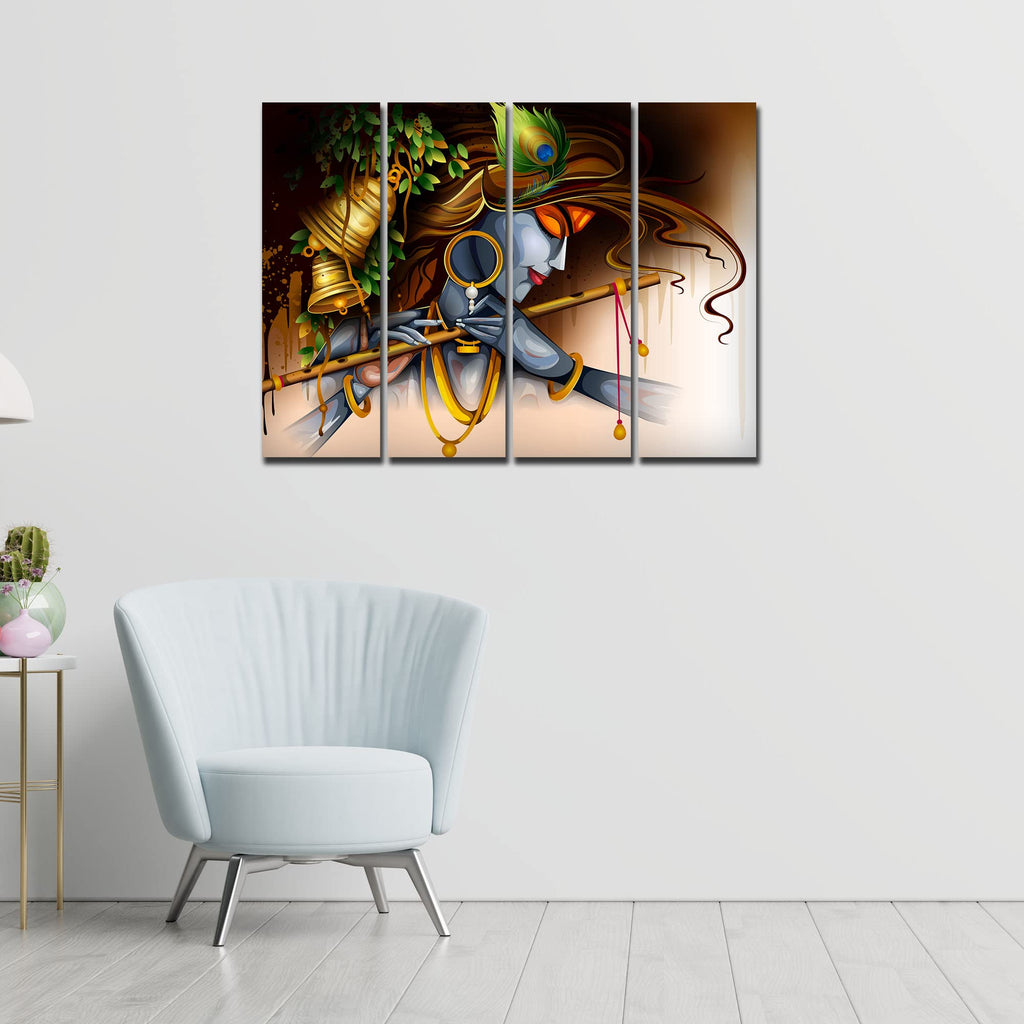 VIBECRAFTS Krishna Playing Flute 4 Pieces Canvas Wall Painting Fitted With Wooden Frame For Home | Office | Living Room | Gift(PTVC4Pcs1_13509)