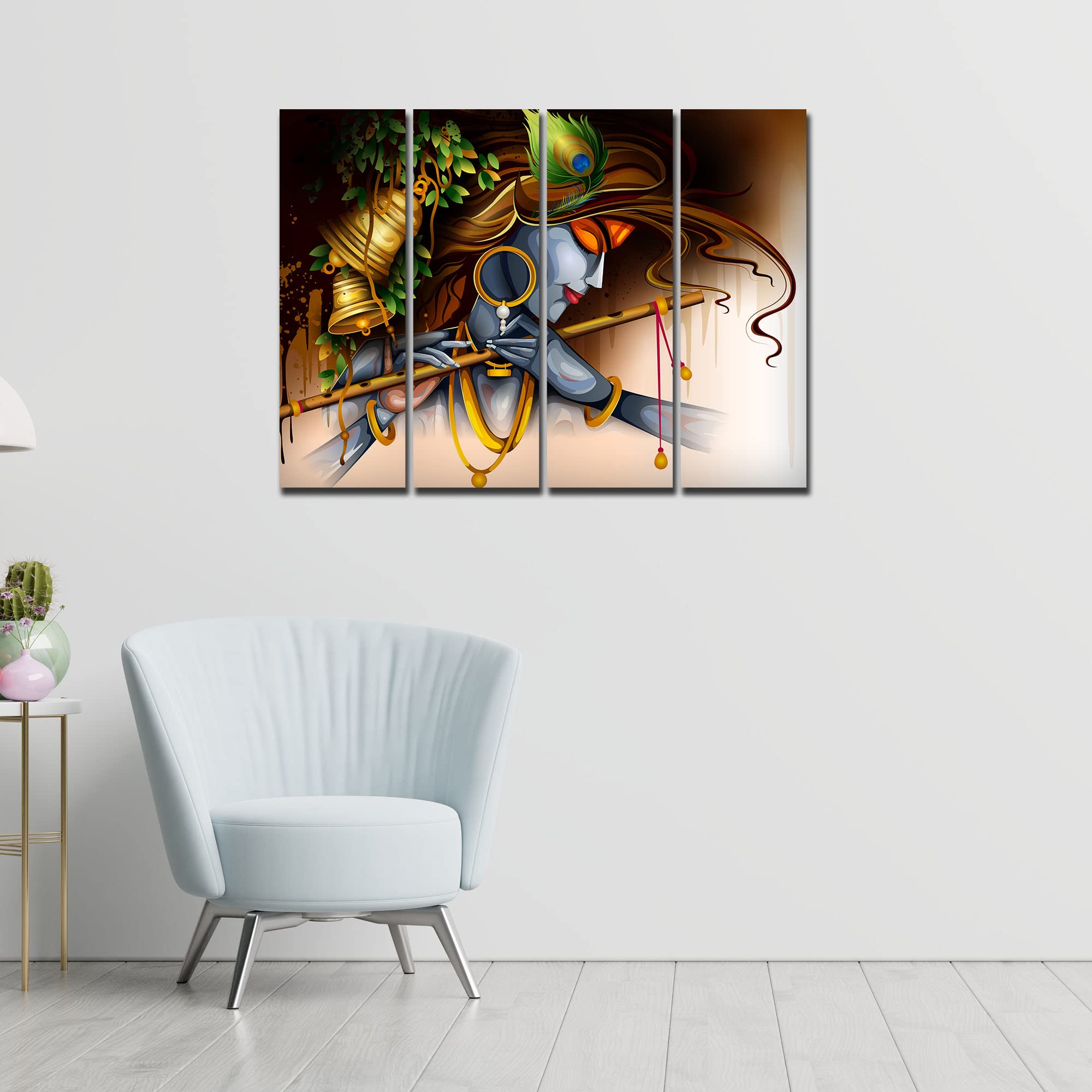 VIBECRAFTS Krishna Playing Flute 4 Pieces Canvas Wall Painting Fitted With Wooden Frame For Home | Office | Living Room | Gift(PTVC4Pcs1_13509)