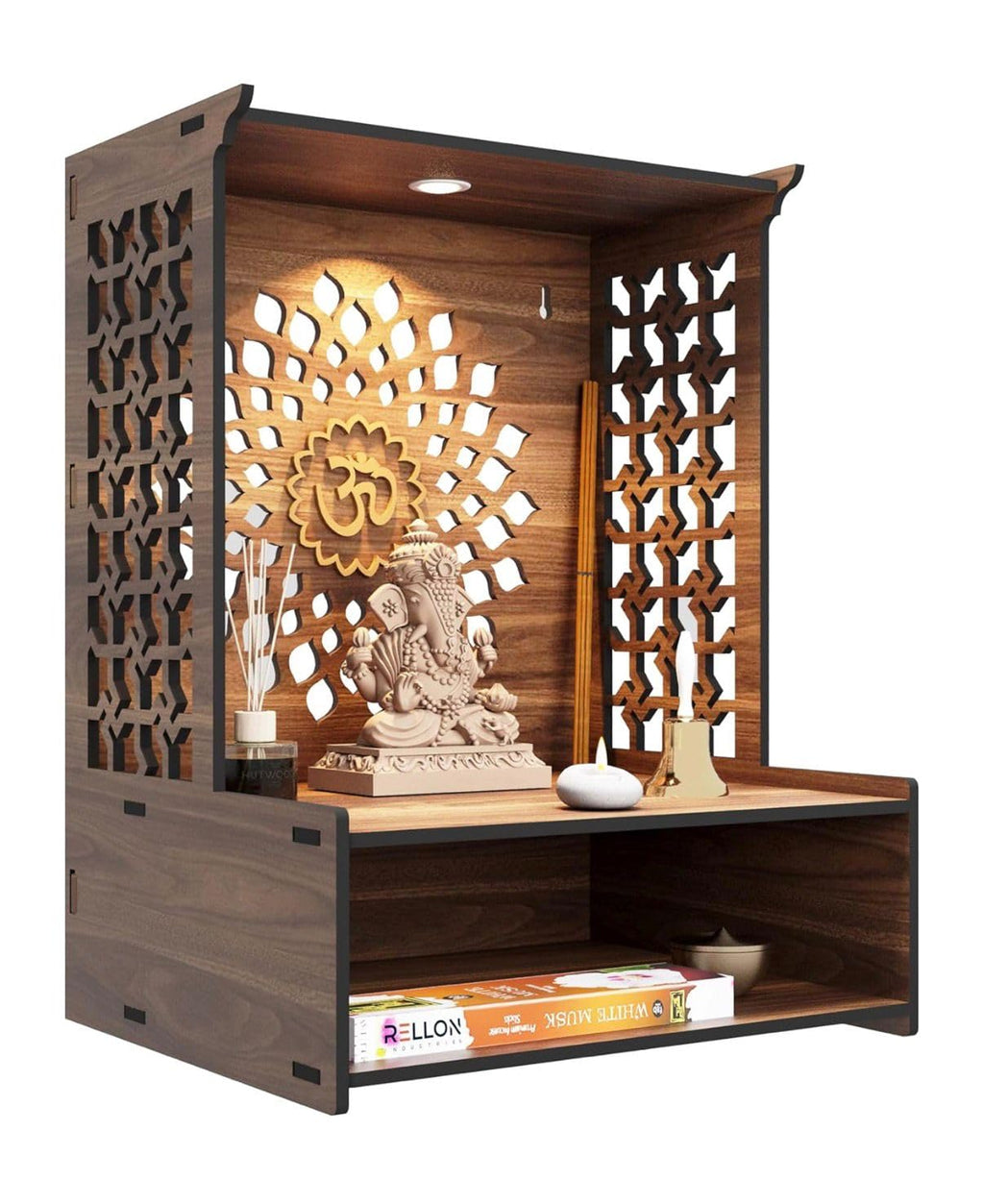 Bien Verrerie Premium Wooden Temple for Pooja, with Built-in LED Light, Decorative Jali Sides, Storage Shelf, 29.2 x 24.1 x 39.4 cm, Wooden Pooja Temple for Home, Office and Shop