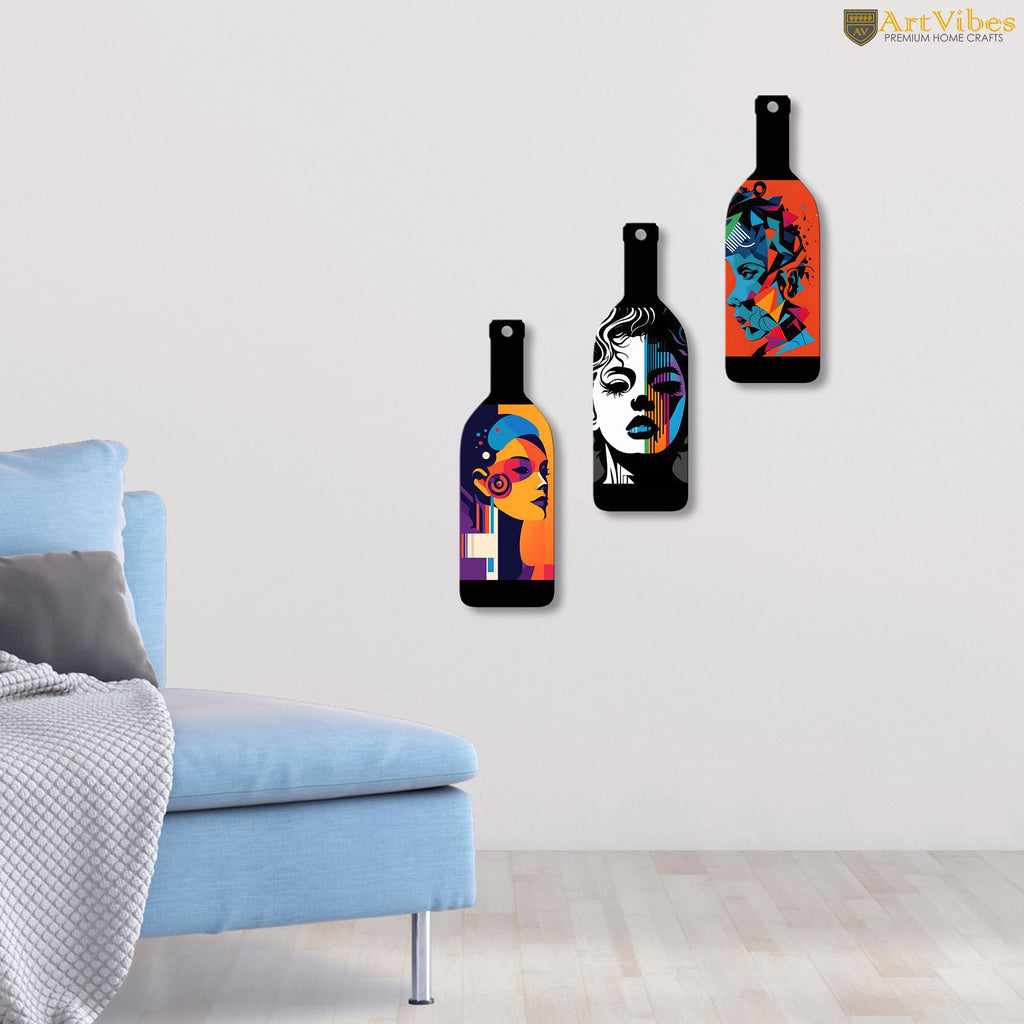 Artvibes Modern Abstract Art Portrait Decor Bottle shaped Wooden Wall Hanging | Living Room | Wall Art Paintings | Wall Poster | Handcrafted Art | Artworks Hangings | Ideal Gifts (WH_9509N), Set of 3