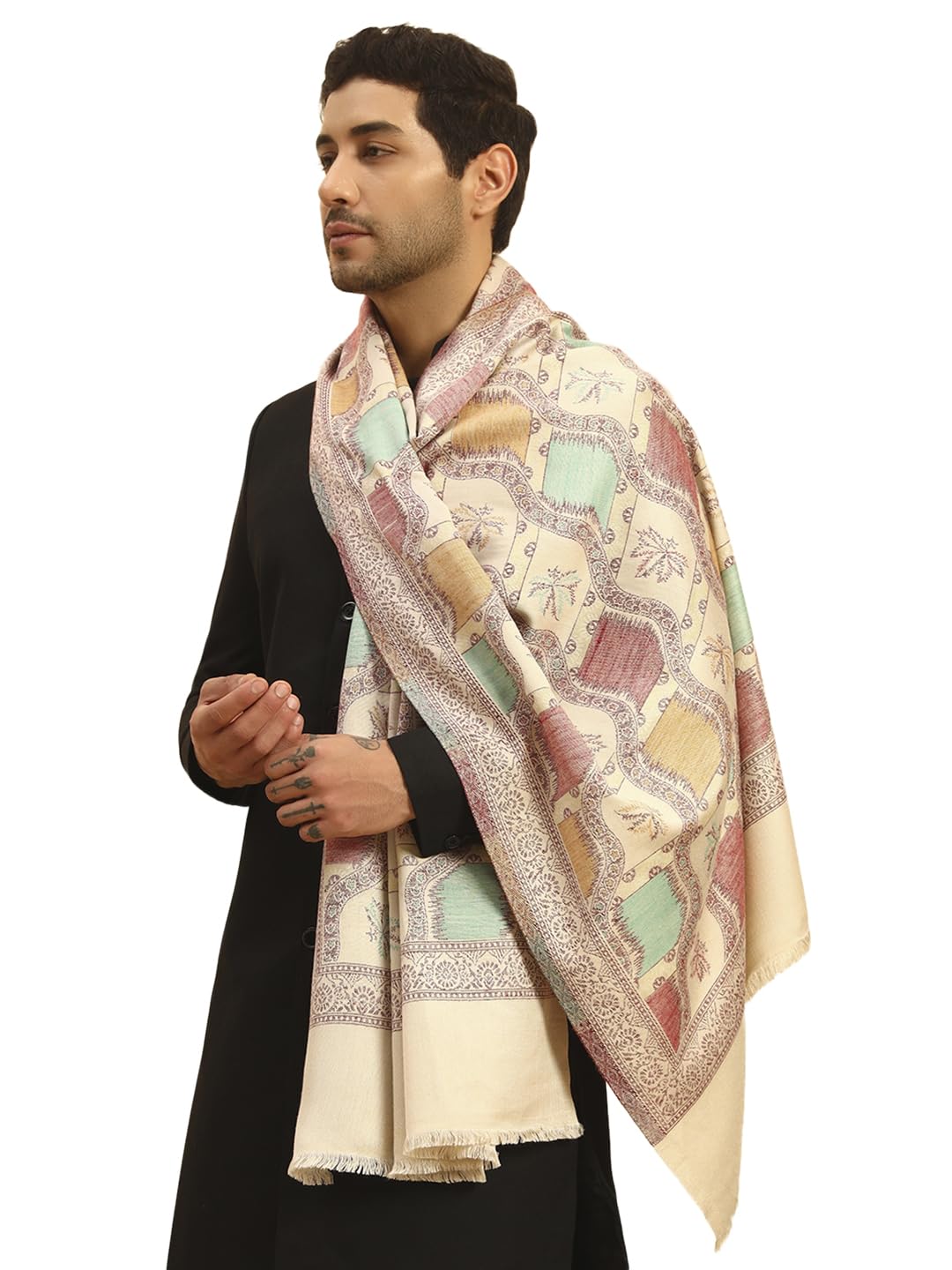 Pashmoda Men Floral Geometry Kaani Stole, Authentic Kashmiri Luxury Pashmina Style Shawl, Stole, Small Size Gents Lohi, (Size 28x80 Inches,Fawn Color) MAVST09