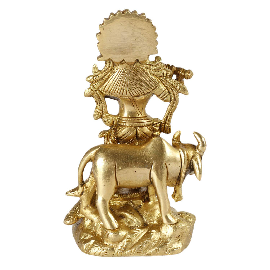 SVARUP Brass Krishna Bhagwan Idol with Gau MATA in Gold Color Height 4.75 Inch