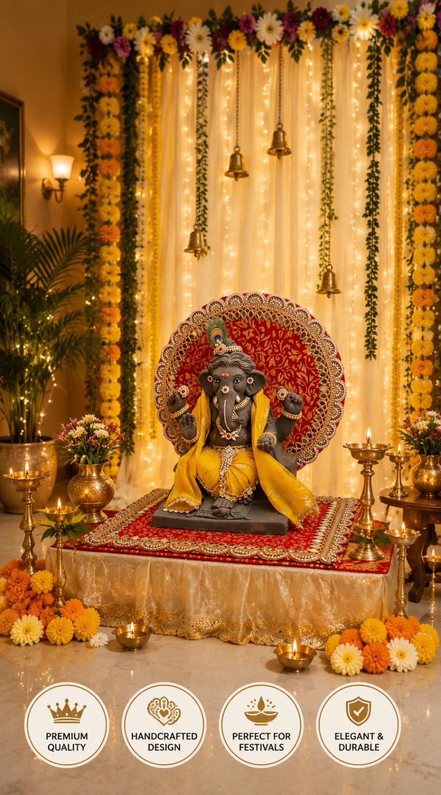 SATYAM KRAFT 1 Pcs Ganpati Kanhaji Singhasan Backdrop Set| Red Gold Mirror Lace Decoration| 31x31 cm Square Round Backdrop with 10x10 cm Clamp| Decor for Ganesh Chaturthi Janmashtami, Home Decor