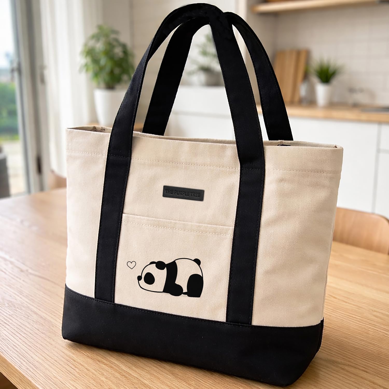 The Purple Tree Cotton Beach Tote Bag for Women, Large Capacity Beach Bag, Ecofriendly Beach Tote with Embroidered Detail on Pocket (Panda)