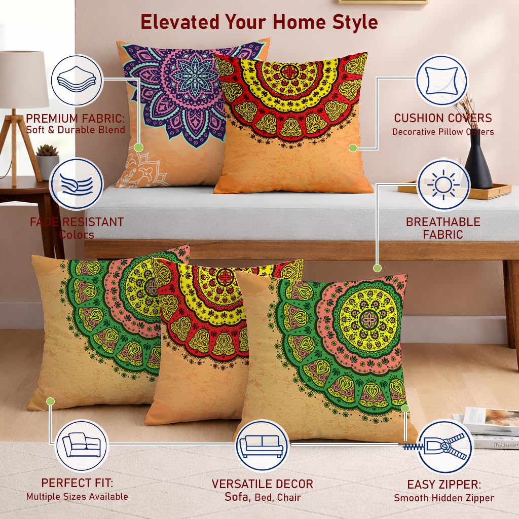 STITCHNEST Set of 5 Gajraj Folk Art Collection Printed Jute Cushion Covers 16x16 Inches | Decorative Throw Pillow Covers for Sofa, Living Room, Bedroom | Perfect for Home Decor