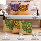 STITCHNEST Set of 5 Gajraj Folk Art Collection Printed Jute Cushion Covers 16x16 Inches | Decorative Throw Pillow Covers for Sofa, Living Room, Bedroom | Perfect for Home Decor