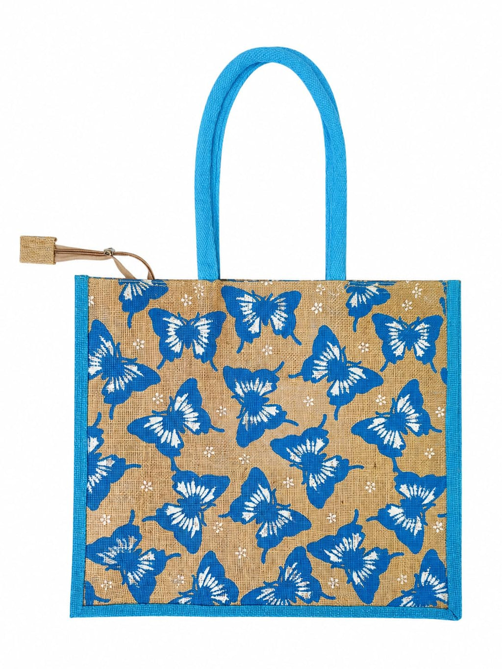 Blue Butterfly Print Jute Tote Bag for Women | jute hand bag | Reusable Shopping Bag with Zip Closure & Inner Pocket | Eco-Friendly Grocery, Office & Travel Handbag | 43 x 38 x 14 cm