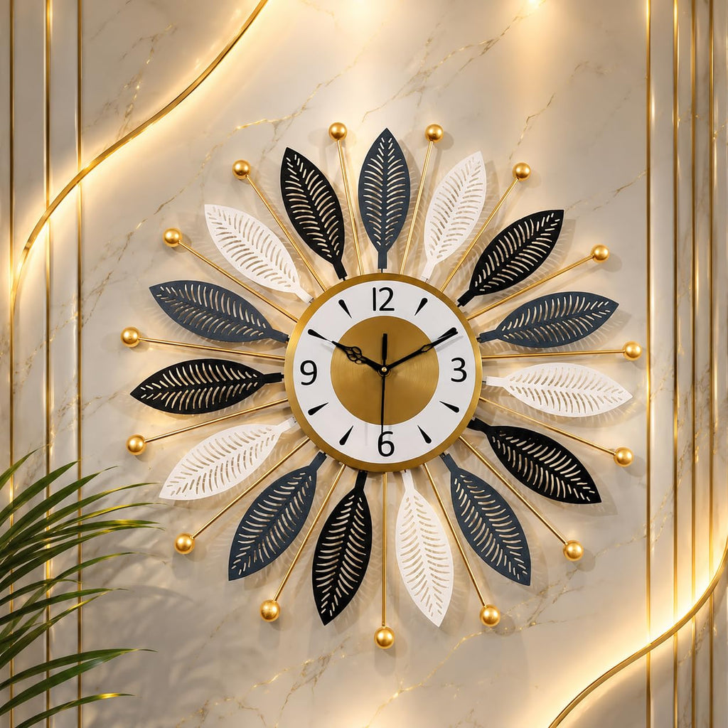Mahira Artefacts Metal Starburst Wall Clock, Multicolour Leaf Spokes with Gold Accents, Silent, Battery Powered, Art Deco, Large