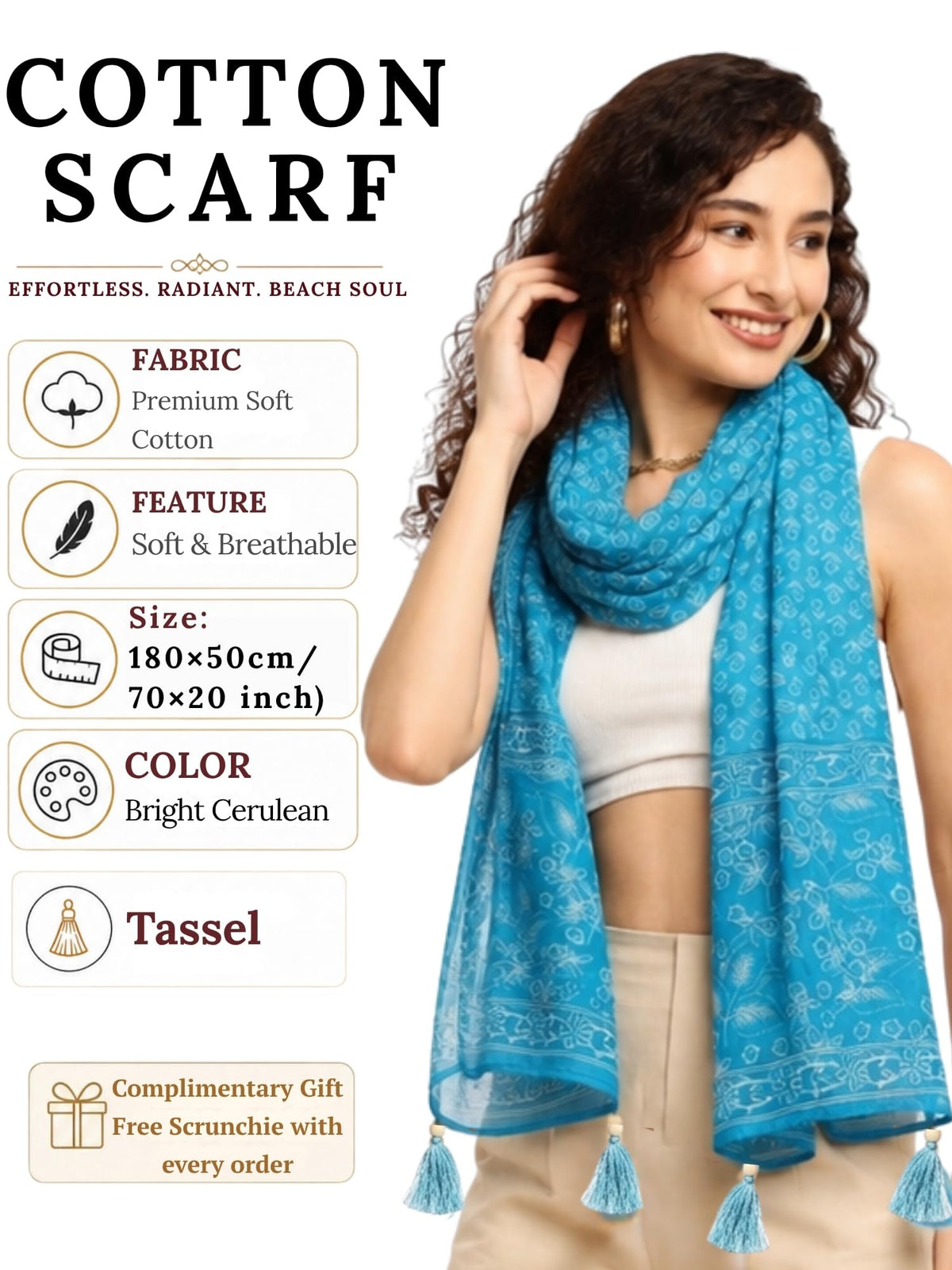 GALE GIRLS Cotton Scarf For Women Stylish|Beach Tassel Printed Scarf|Multicolor|Easily fits 180 * 50cm|70x20 Inch