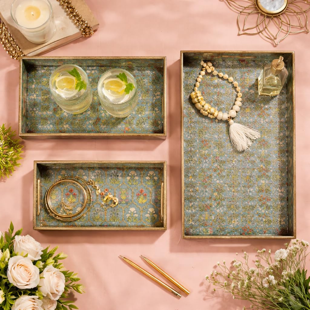 Amimashop® Wooden Serving Tray Set of 3 with Handles – 16, 14 & 12 Inch Rectangular Decorative Tray | Green Floral Gold Engraving Waterproof Tea Coffee Serving Tray | Wooden Tray Set