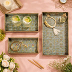 Amimashop® Wooden Serving Tray Set of 3 with Handles – 16, 14 & 12 Inch Rectangular Decorative Tray | Green Floral Gold Engraving Waterproof Tea Coffee Serving Tray | Wooden Tray Set