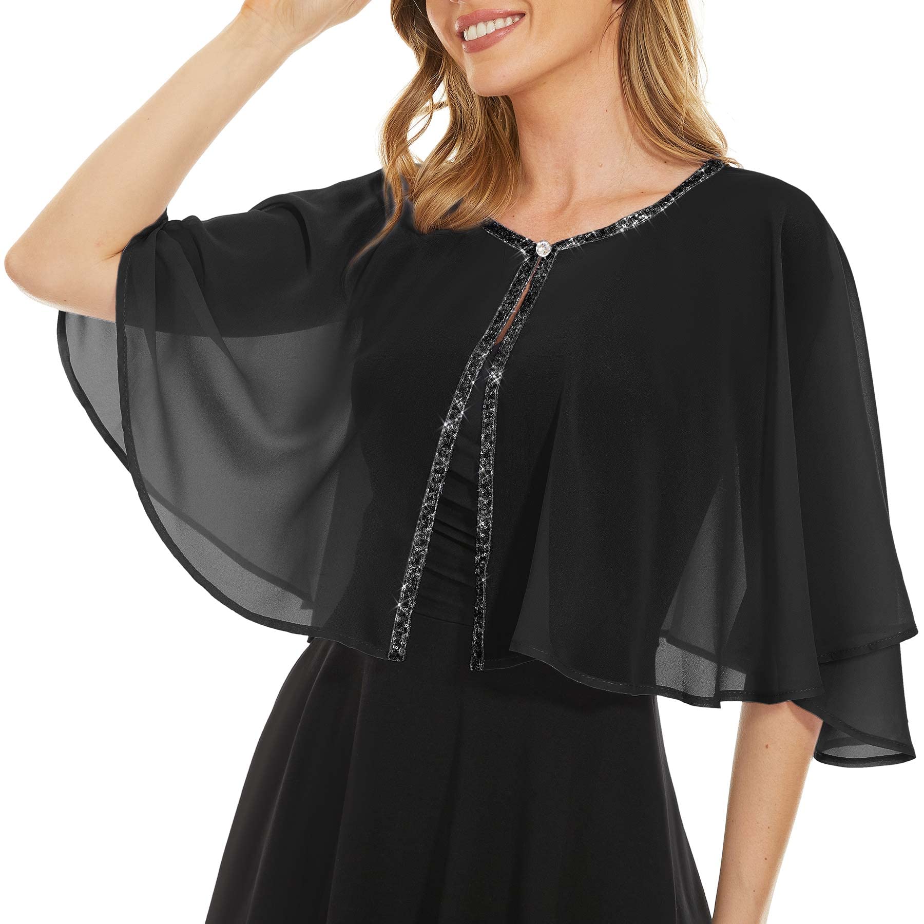 Soft Chiffon Sequins Shawls and Wraps/Cape for Evening Dress Wedding Formal Occasion, Black, One Size