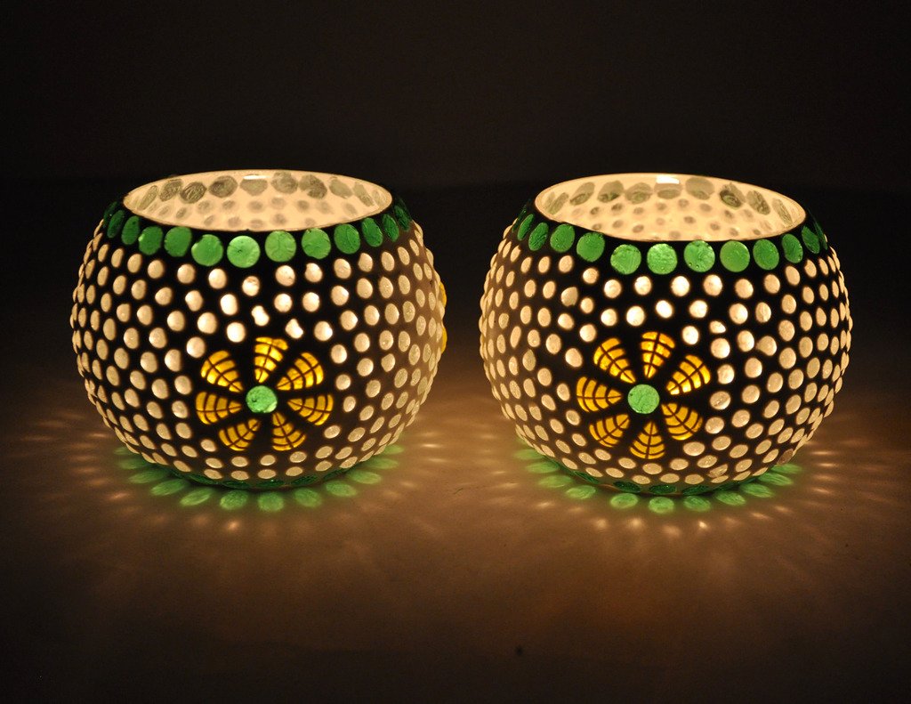 TIED RIBBONS Pack of 2 Turkish Mosaic Glass Votive Tealight Candle Holders for Table - Decorations Items for Home Decor (Glass, Multicolor) - Decor - Gifts
