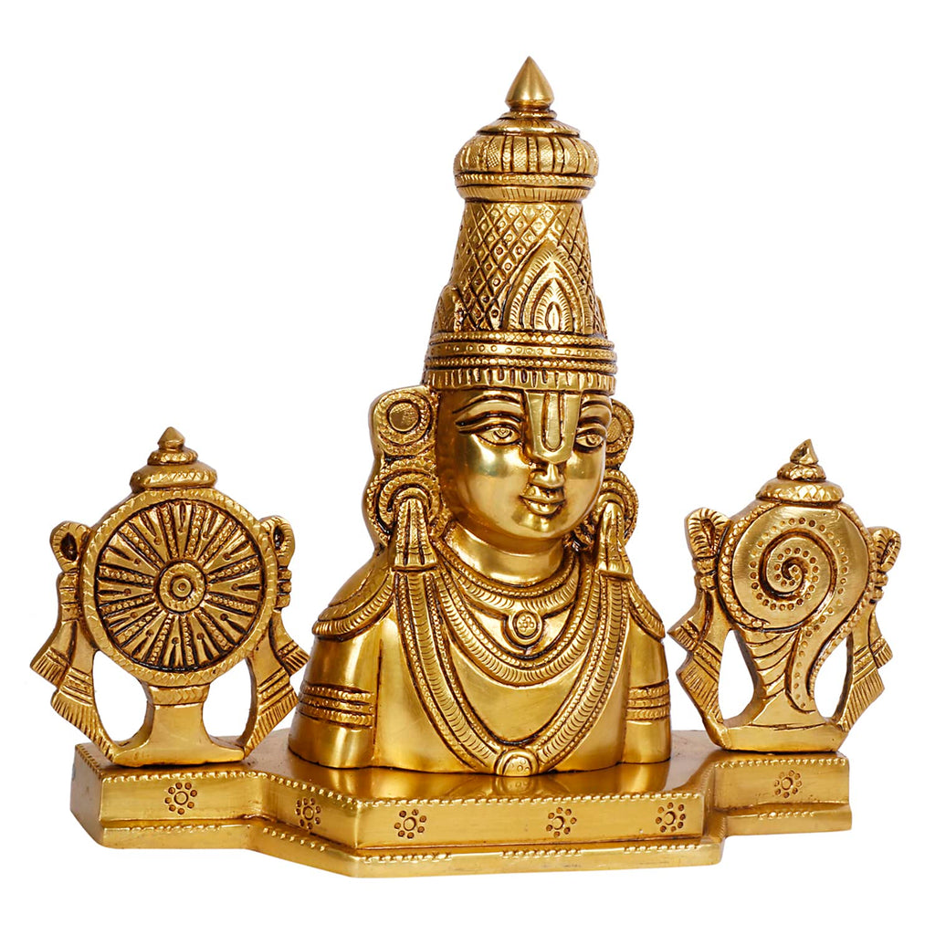 ARTVARKO Brass Lord Tirupati Balaji Lord Sri Venkateswara Balaji Face with Shankh Chakra Namah Idol Showpiece Home Décor Gold (22x8x21 cm)