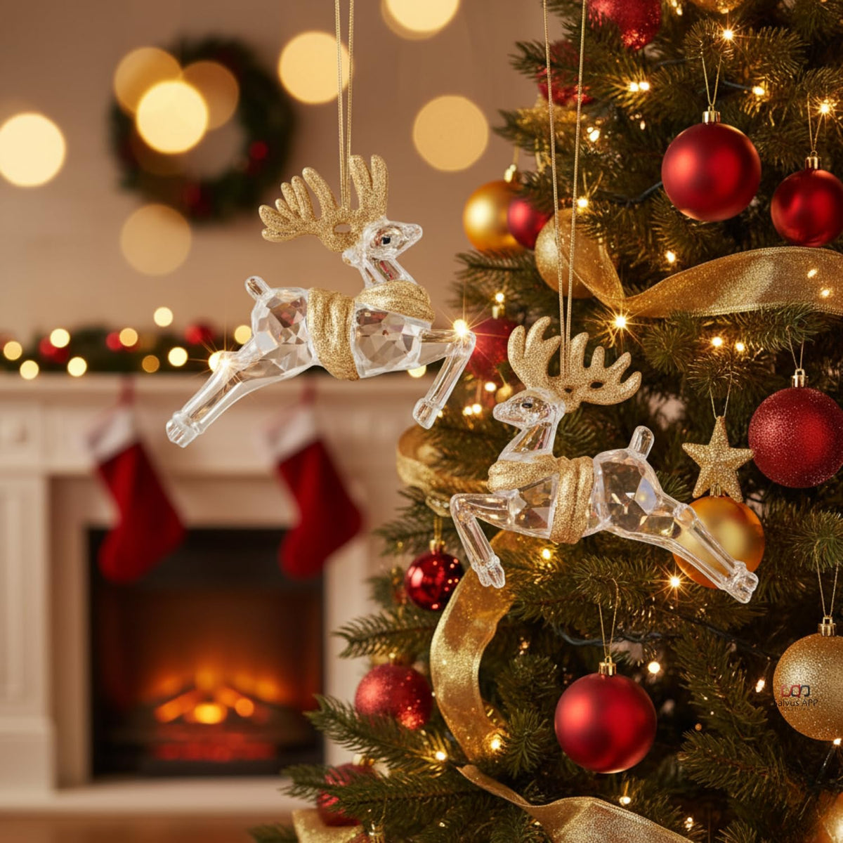 Salvus APP SOLUTIONS Crystal Hanging Deer Ornament – White & Golden Reindeer for Christmas Tree Decoration (3x3.5 Inch)