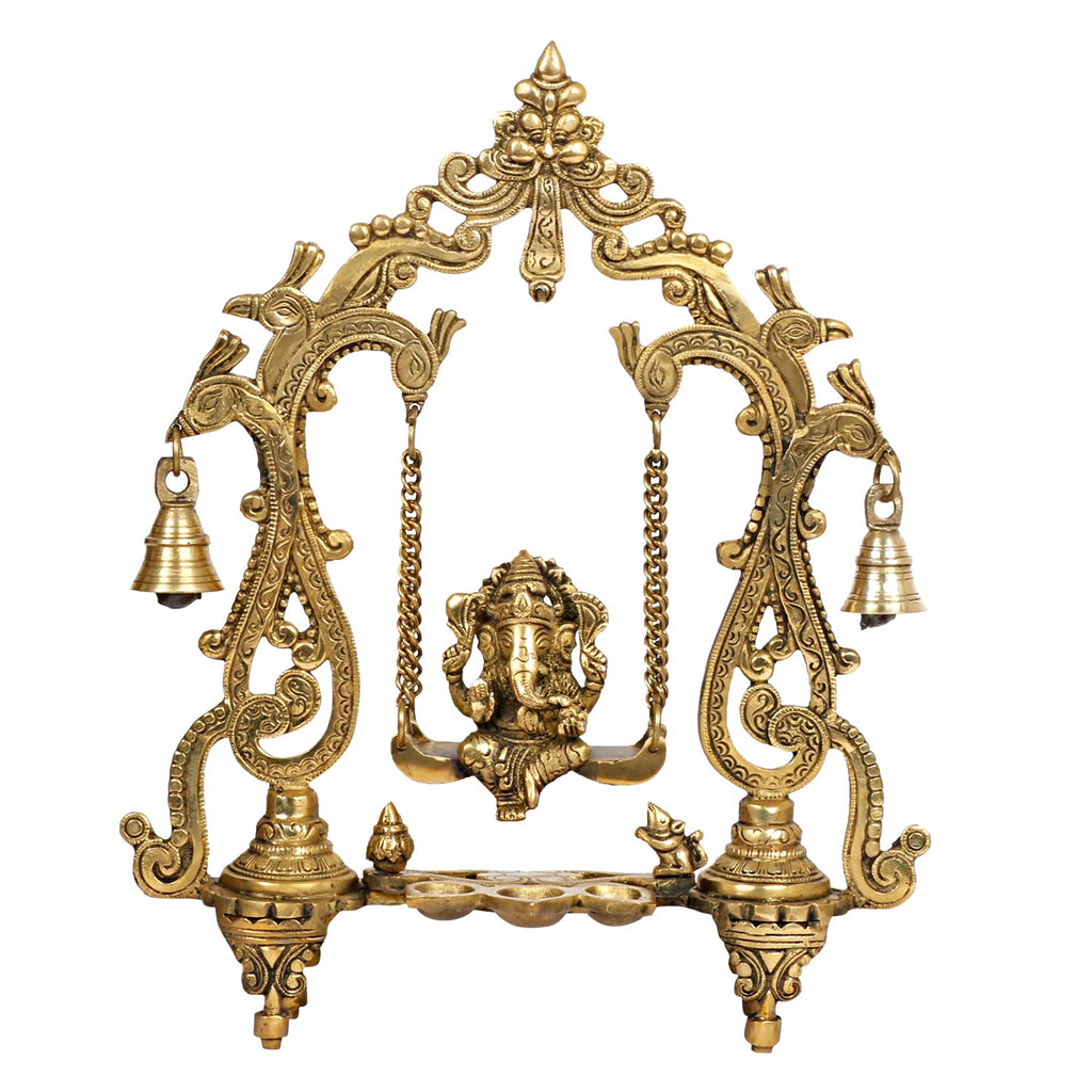 SVARUP Brass Ganesha On Jhoola Swing with Hanging Bells and Diya Showpiece Ganesh Ganpati Jhula for Home Office Temple Puja Décor Gift Height 14 Inch