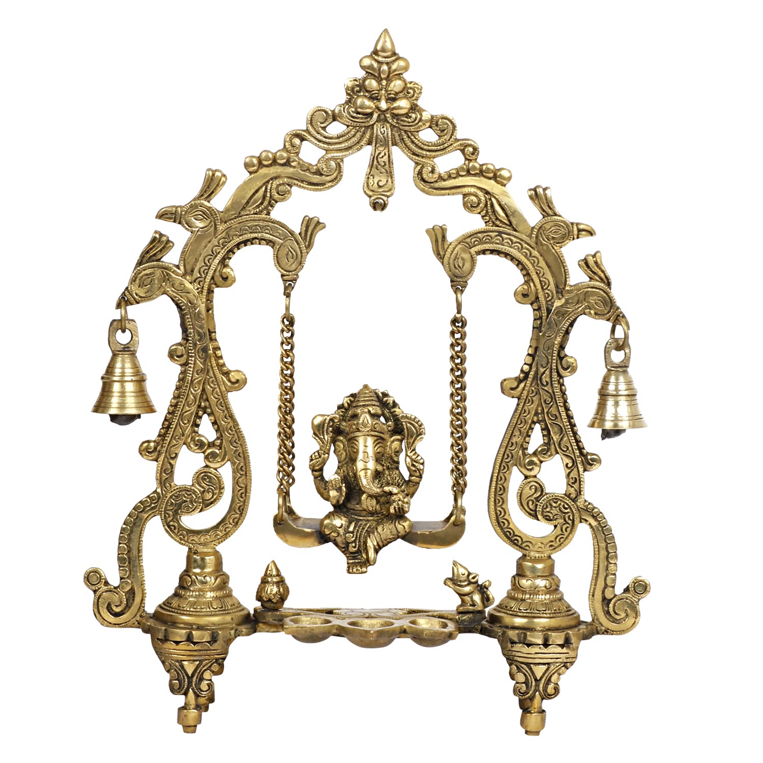 SVARUP Brass Ganesha On Jhoola Swing with Hanging Bells and Diya Showpiece Ganesh Ganpati Jhula for Home Office Temple Puja Décor Gift Height 14 Inch