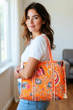 Cotton Quilted Tote Bag for Women, Jungle Print Handbag, Reusable Shoulder Bag with Dual Handles, Lightweight Travel Shopping Tote, Large Capacity Everyday Carry Bag - (Orange flower bag, 18×18 In)