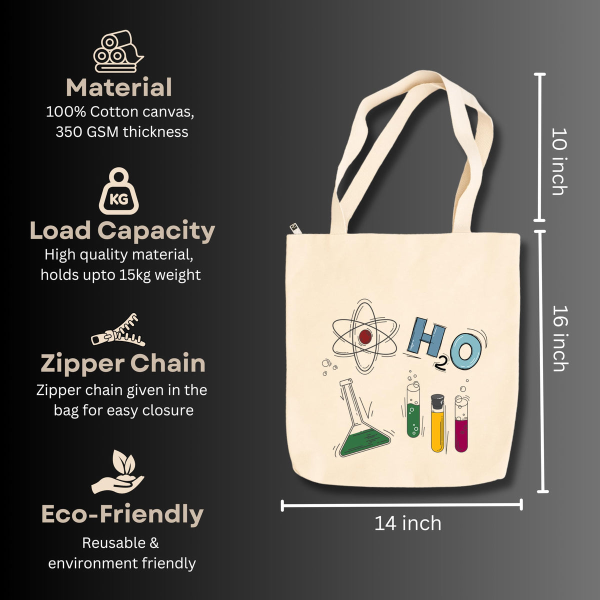 snapiq COTTON 350 GSM Canvas Tote Bag for Women and Girls Thick Fabric with Zipper (Beige, H2O)