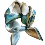 Silk Scarf, Multicolor Abstract Print, White Teal Gold, Square Neck Wrap, Satin Finish