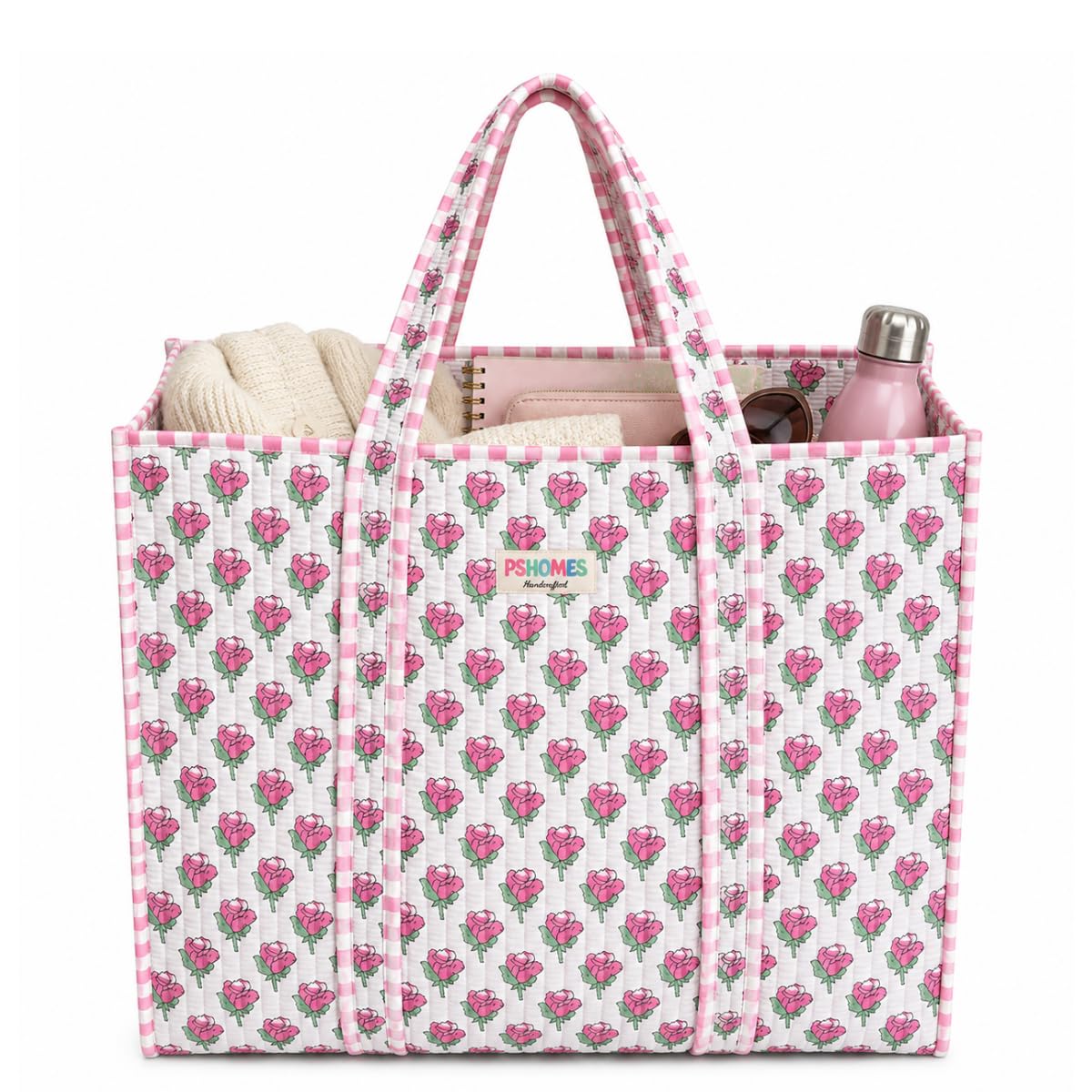 PShomes Large Cotton Tote Bag 18x18 Inches – 100% Cotton Shoulder Bag with Inner Pocket | Reusable Eco-Friendly Carry Bag for Laptop, Shopping, Travel & Daily Use (White-ROSES)