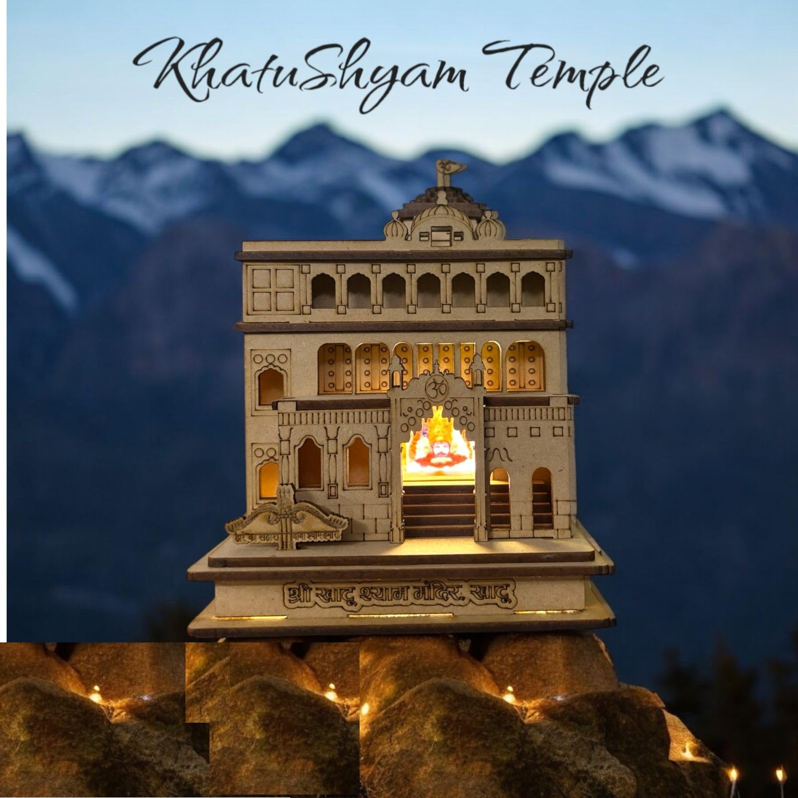 SHRI GOPAL ARTS Shree Khatu Shyam Ji Wooden LED Temple (Khatu Shyam Mandir) (L=4.5, W=4.5, H= 6 inches)