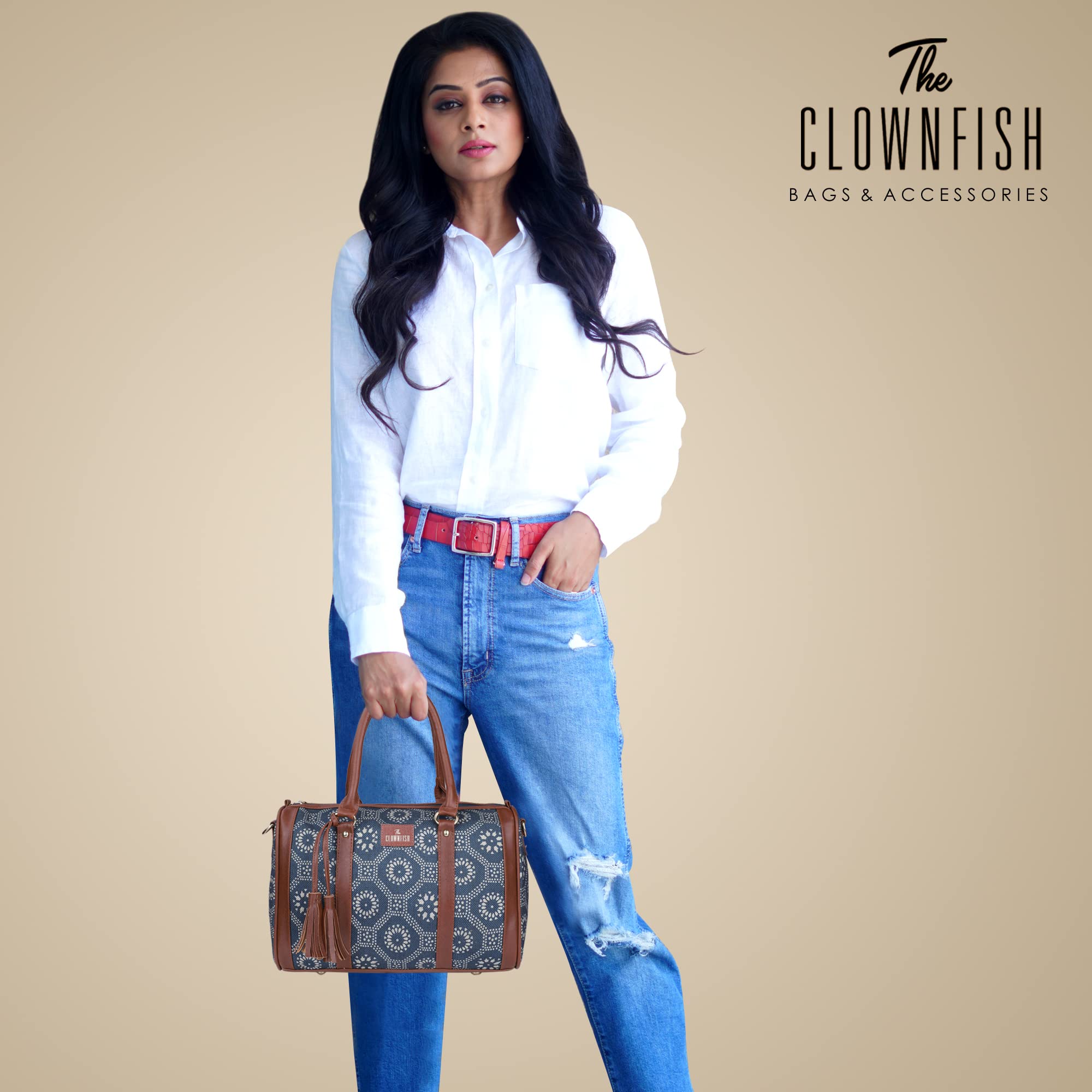 THE CLOWNFISH Lorna Printed Handicraft Fabric Handbag for Women Office Bag Ladies Shoulder Bag Tote for Women College Girls (Lead Grey)