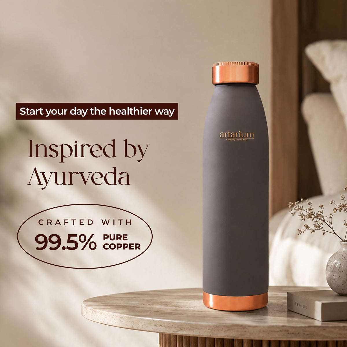 Artarium 1 Litre Copper Bottle Leak Proof Non Toxic BPA Free With Anti Oxidant Proeprties Grey Bottle For Drinkware Immunity Boost Beneficial For Digestive Liver Health (Copper Bottle Gray Color)
