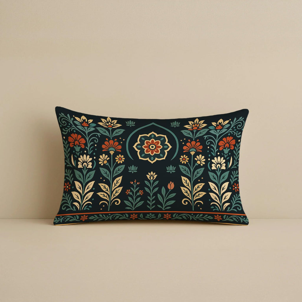STITCHNEST Satin Cushion Covers Pack of 2 Rajasthani Haveli Door & Floral Arch Design, 12x18 Inch, Black Ethnic Decor for Sofa, Living Room & Festive Styling
