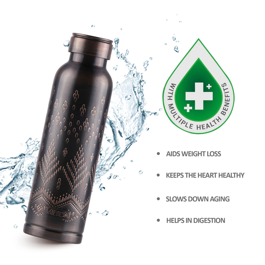 MILTON Copper Swasth Water Bottle, 940 ml, Black Ethnic | Lacquer Coating, Curved bottle | Diwali | Festive | Gifting | Yoga | Home | Kitchen | Vedic
