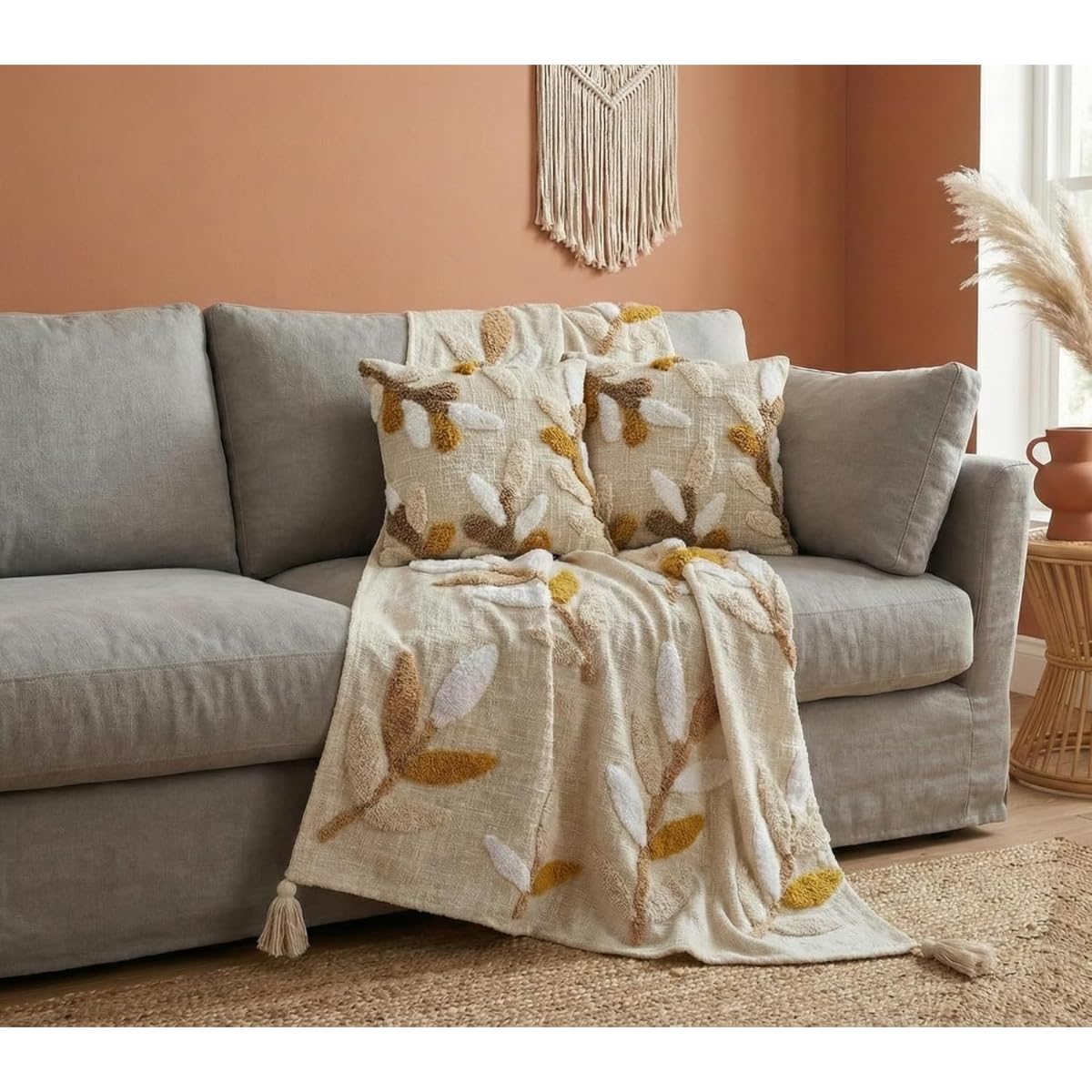 24x7 Home Store Decorative Sofa Throw Blanket with Tassel Fringe, Boho Style, Cream and Navy (Brown, Sofa Throw + 2 Cushion Covers Combo) Kafalo