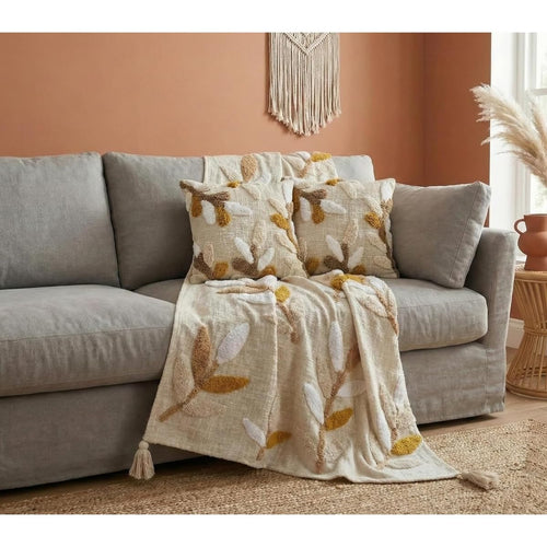24x7 Home Store Decorative Sofa Throw Blanket with Tassel Fringe, Boho Style, Cream and Navy (Brown, Sofa Throw + 2 Cushion Covers Combo) Kafalo
